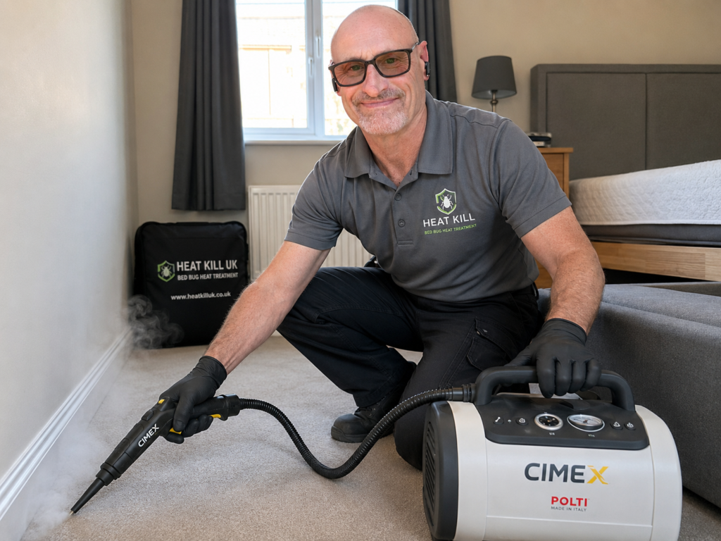 Professional pest controller using dry steam treatment against bed bugs in a UK bedroom