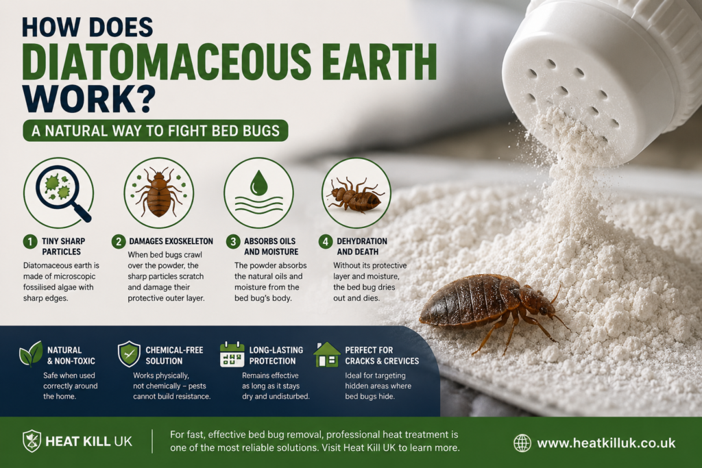 Diatomaceous earth powder used for bed bug control in a UK bedroom