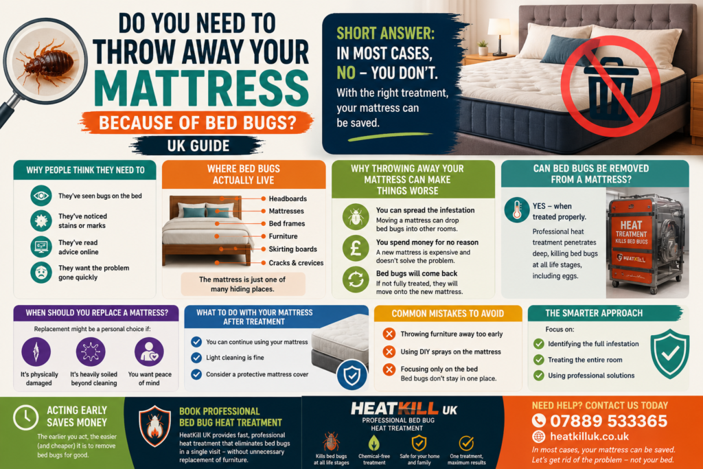 Bed bug mattress infographic showing why you don’t need to throw away your mattress after heat treatment UK