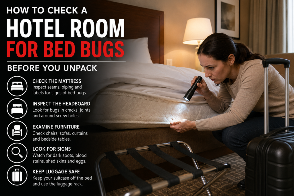 Guest checking hotel mattress for signs of bed bugs before unpacking luggage