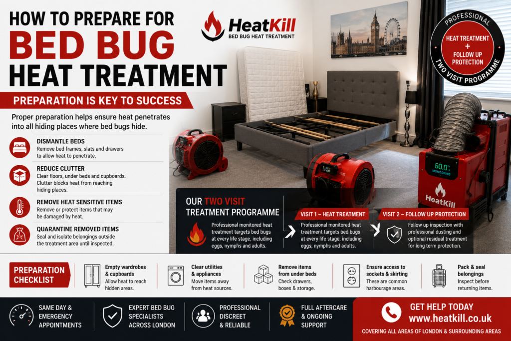 Professional heat treatment setup inside a prepared bedroom with dismantled bed frame, upright mattress, thermal monitoring equipment, and airflow circulation.