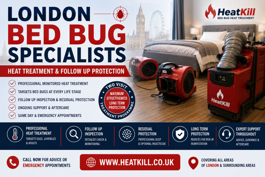 London bed bug heat treatment specialists banner showing professional monitored heat treatment equipment inside a bedroom, two-visit treatment programme, follow-up inspection, residual protection, and emergency bed bug treatment services across London