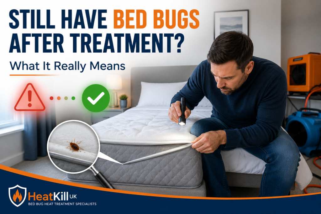 Homeowner checking mattress after professional bed bug treatment wondering if bed bugs remain
