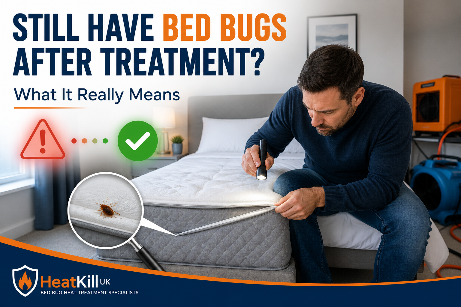 Homeowner checking mattress after professional bed bug treatment wondering if bed bugs remain