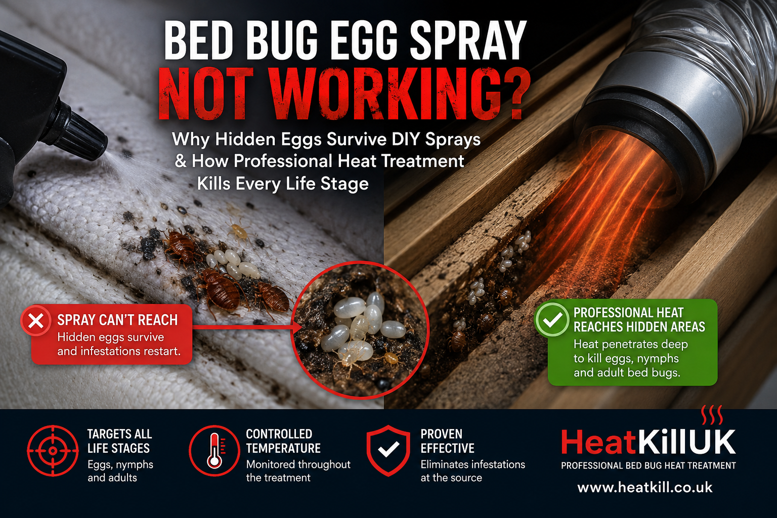 Bed bug egg spray not working because hidden bed bug eggs survive while professional heat treatment kills eggs, nymphs and adult bed bugs.