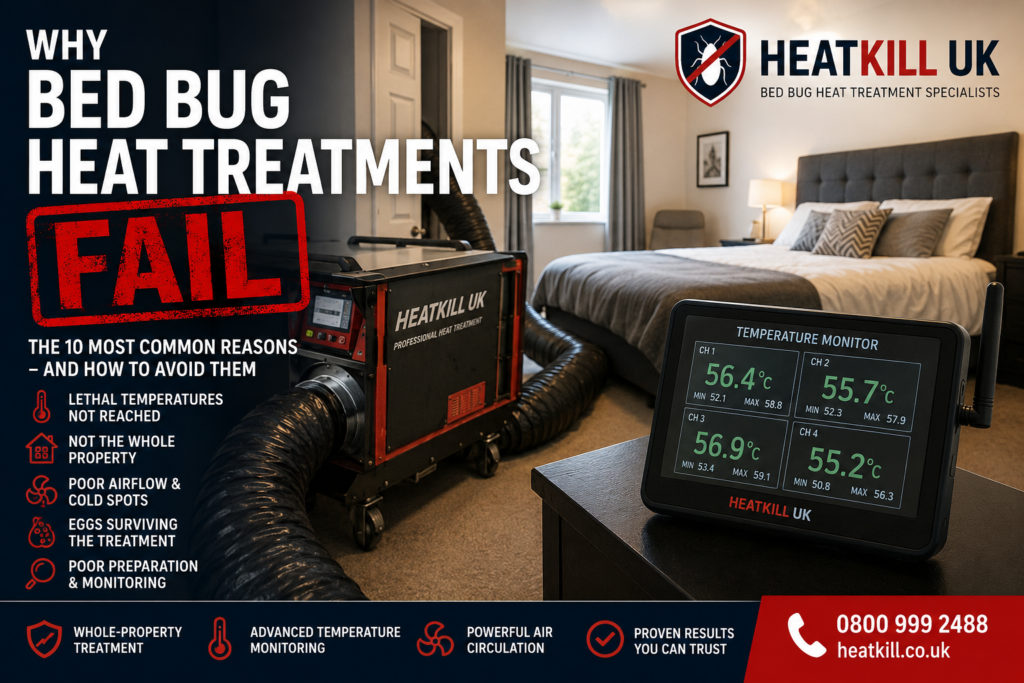 Professional whole-property bed bug heat treatment uses commercial heating equipment, industrial airflow and continuous temperature monitoring to maximise the chances of eliminating bed bugs and their eggs.