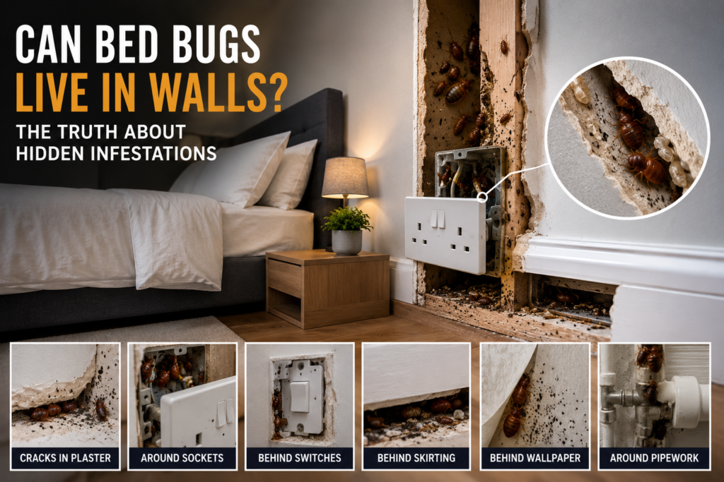 Bed bugs often hide in wall voids, skirting boards and electrical fittings rather than just in mattresses, making professional inspection essential.