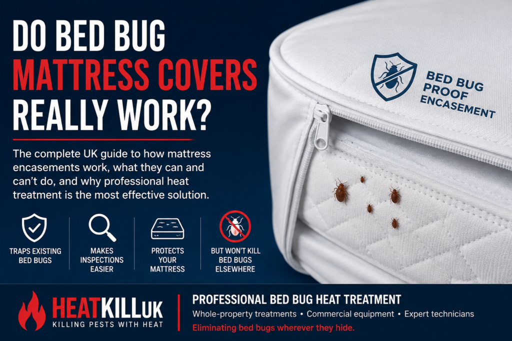 Bed bug mattress encasement fitted to a mattress showing how mattress covers help prevent bed bugs hiding inside the mattress.