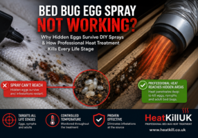 Bed bug egg spray not working because hidden bed bug eggs survive while professional heat treatment kills eggs, nymphs and adult bed bugs.