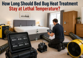 Professional technician monitoring multiple temperature sensors during a whole-property bed bug heat treatment to maintain lethal temperatures throughout a UK home.