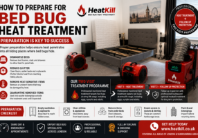 Professional heat treatment setup inside a prepared bedroom with dismantled bed frame, upright mattress, thermal monitoring equipment, and airflow circulation.