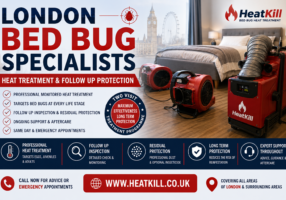 London bed bug heat treatment specialists banner showing professional monitored heat treatment equipment inside a bedroom, two-visit treatment programme, follow-up inspection, residual protection, and emergency bed bug treatment services across London