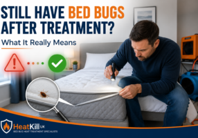 Homeowner checking mattress after professional bed bug treatment wondering if bed bugs remain
