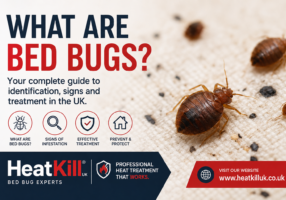 What are bed bugs? Adult bed bug on mattress with signs of infestation in a UK home.